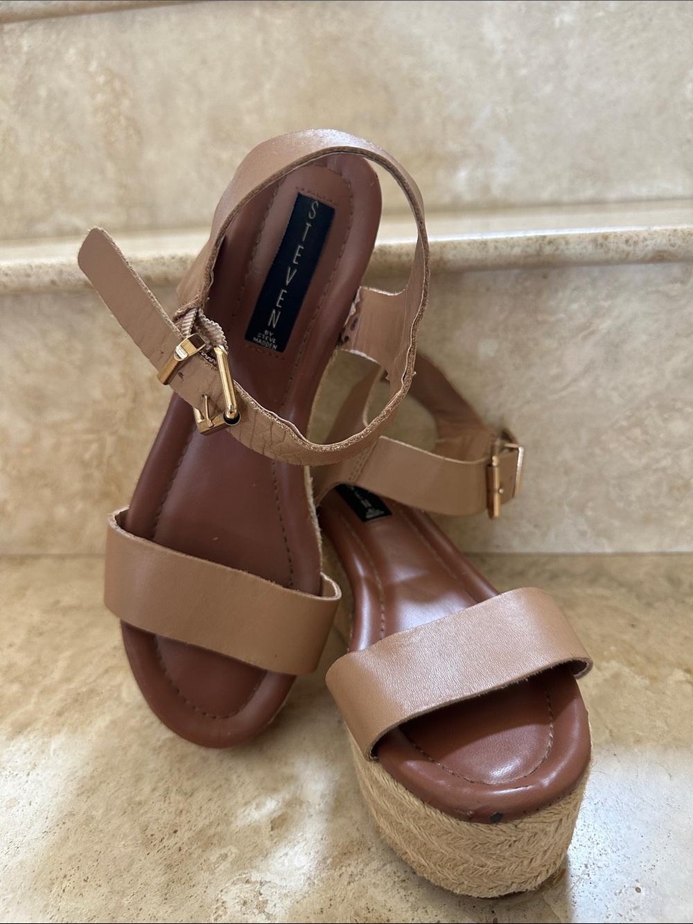 STEVEN by Steve Madden SABBIE Tan Leather Espadrille Platform Wedge Sandals